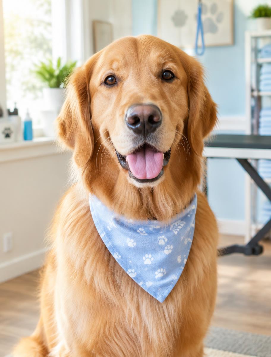 Freshly groomed golden retriever wearing a bandana in a grooming studio