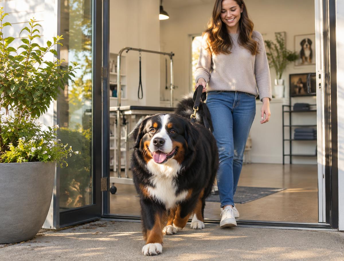 Bernese mountain dog leaving the grooming studio with their owner