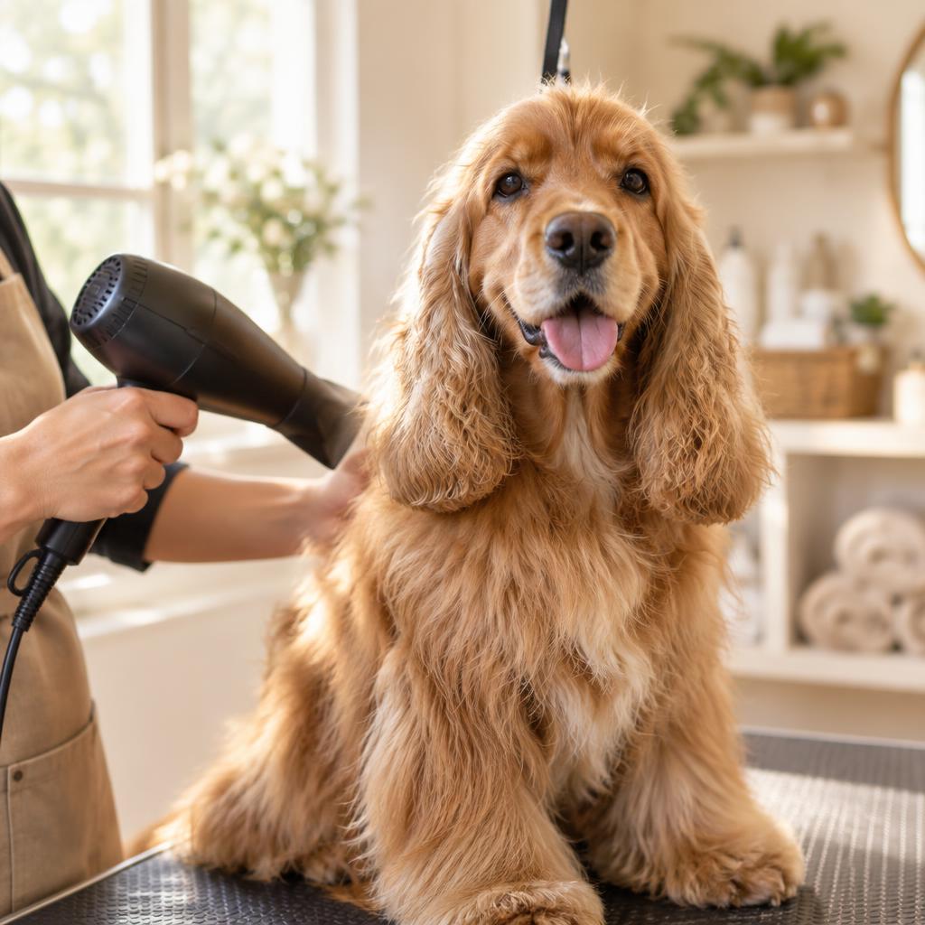 Groomer gently blow-drying a happy cocker spaniel on a grooming table