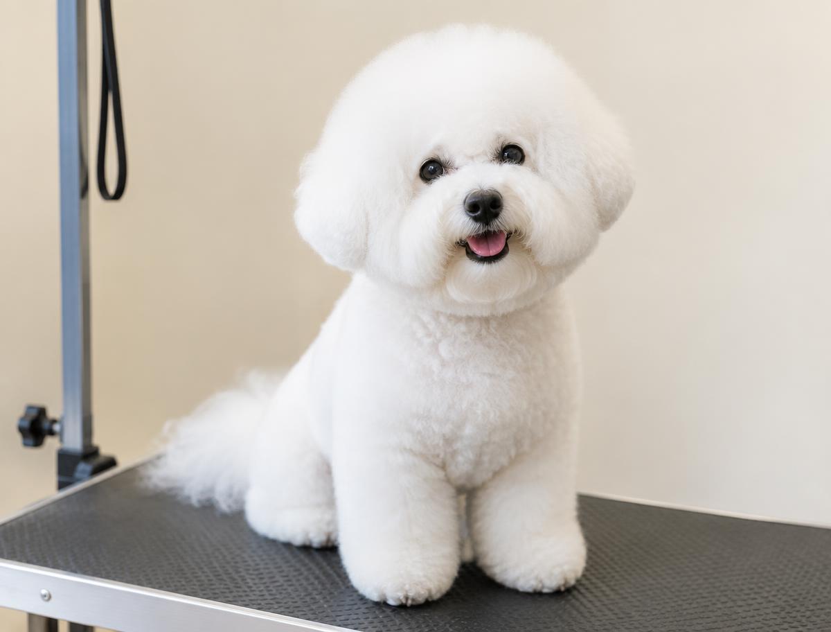 Small white bichon frise looking fluffy after a full groom