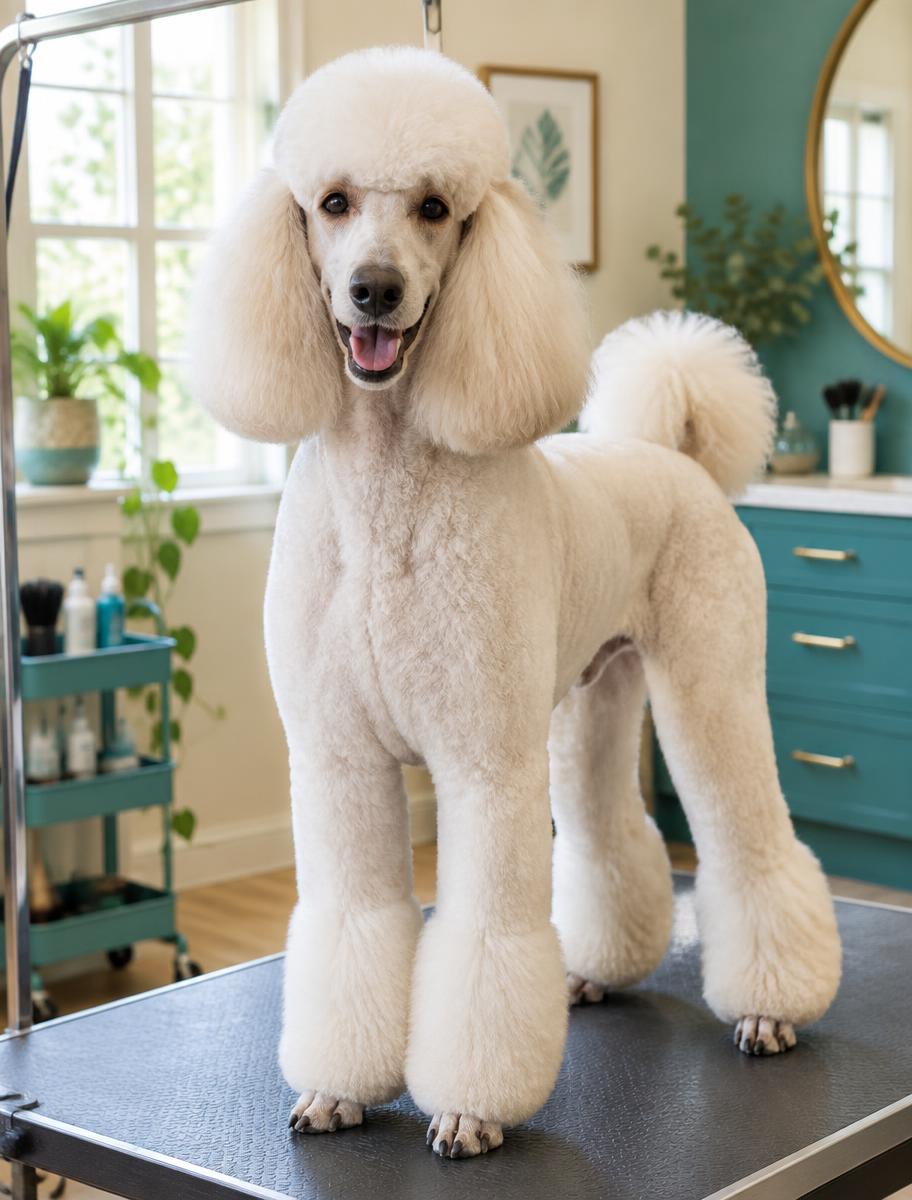Poodle standing on a grooming table after a fresh haircut