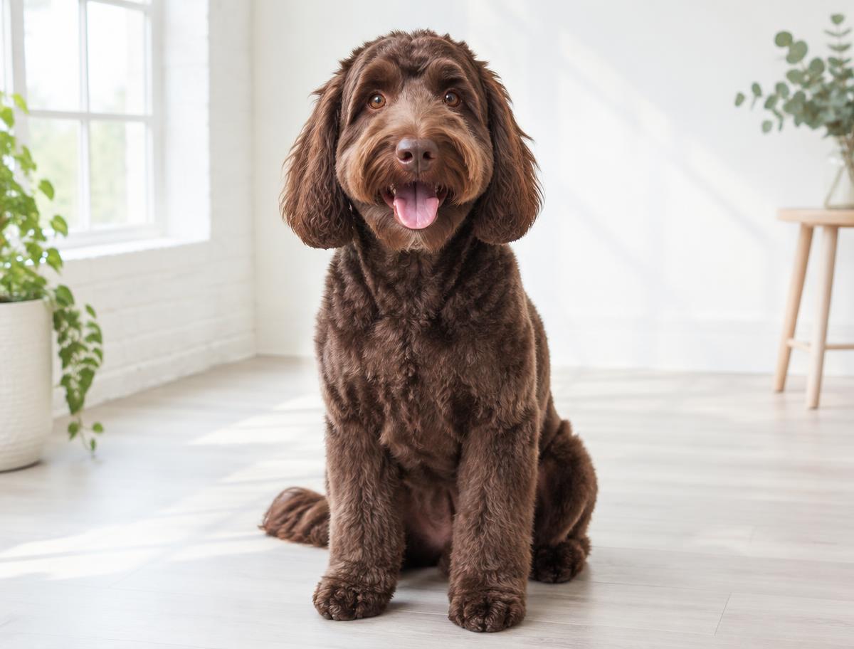 Chocolate labradoodle sitting happily after grooming