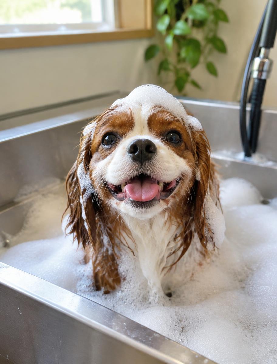 Happy spaniel enjoying a bubbly bath in a grooming tub