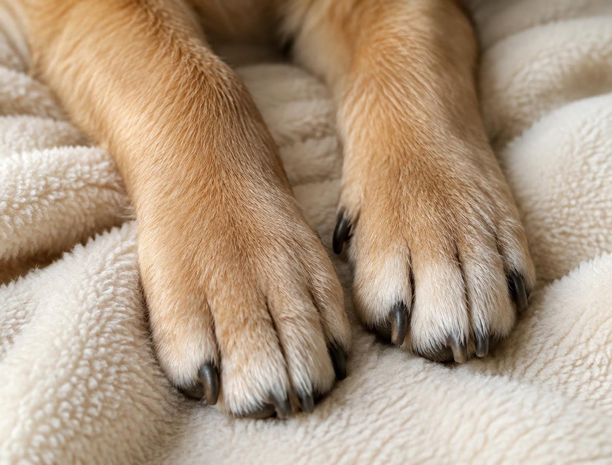 Close-up of neatly trimmed dog paws on a cream blanket