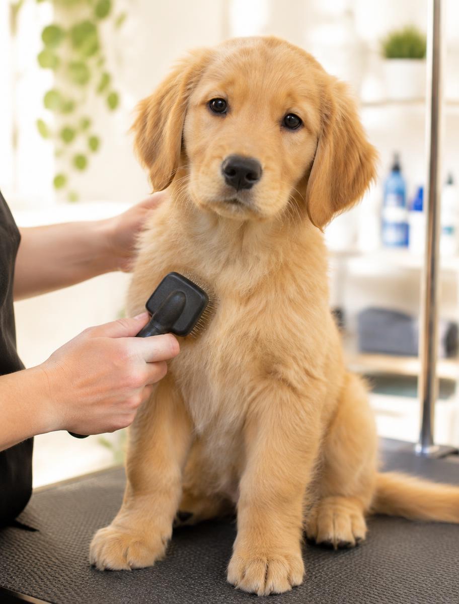 Golden retriever puppy being gently brushed during a first groom