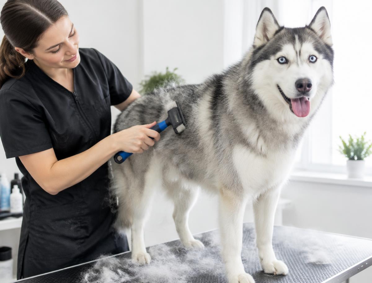 Groomer brushing loose fur from a husky