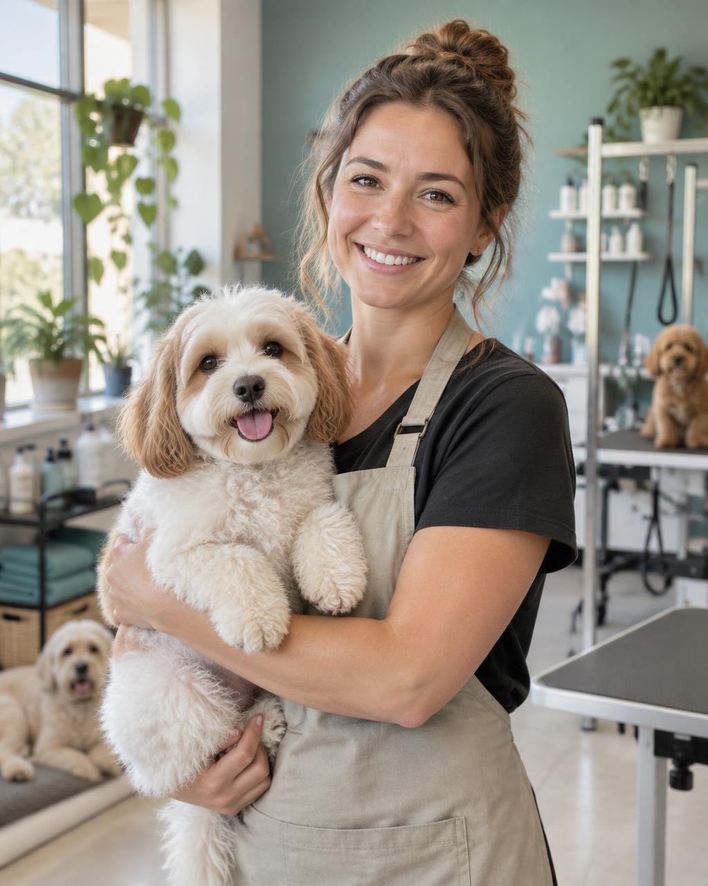 Maya Bennett, owner and groomer, holding a happy small dog in her grooming studio