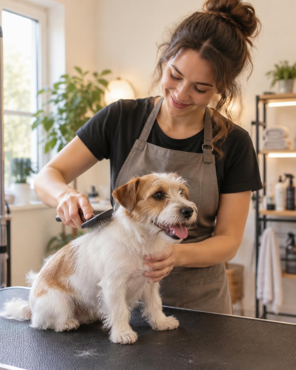 Groomer carefully brushing a calm terrier