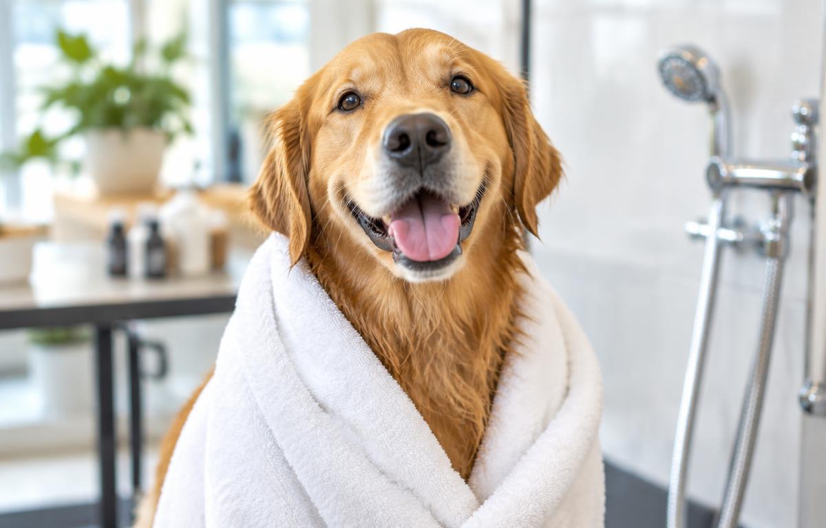 Happy golden retriever wrapped in a white towel after a bath