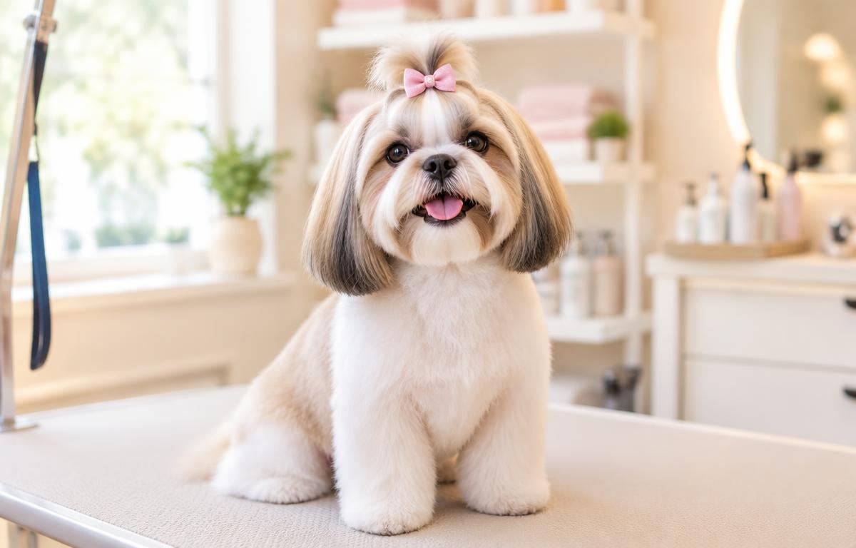 Freshly groomed shih tzu with a neat haircut and a pink bow