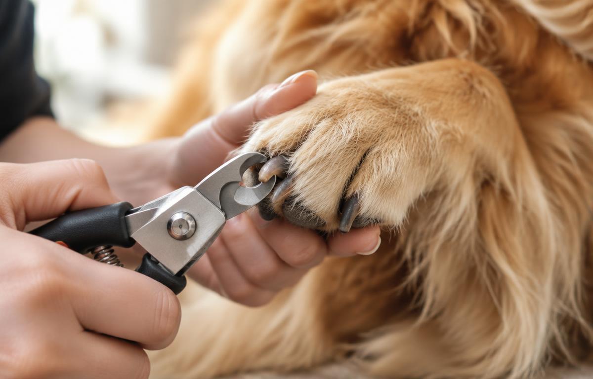 Groomer gently trimming a golden dog's nails with clippers