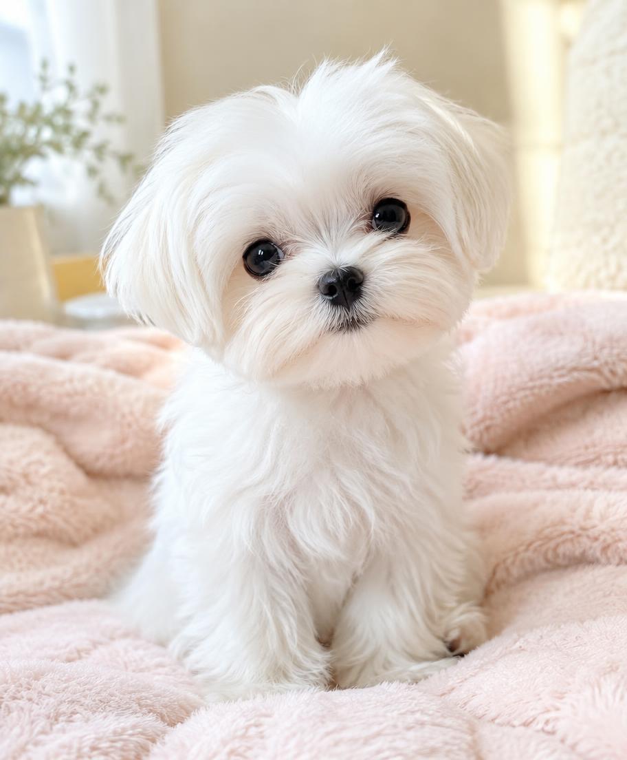 Small white maltese puppy sitting on a soft blush blanket