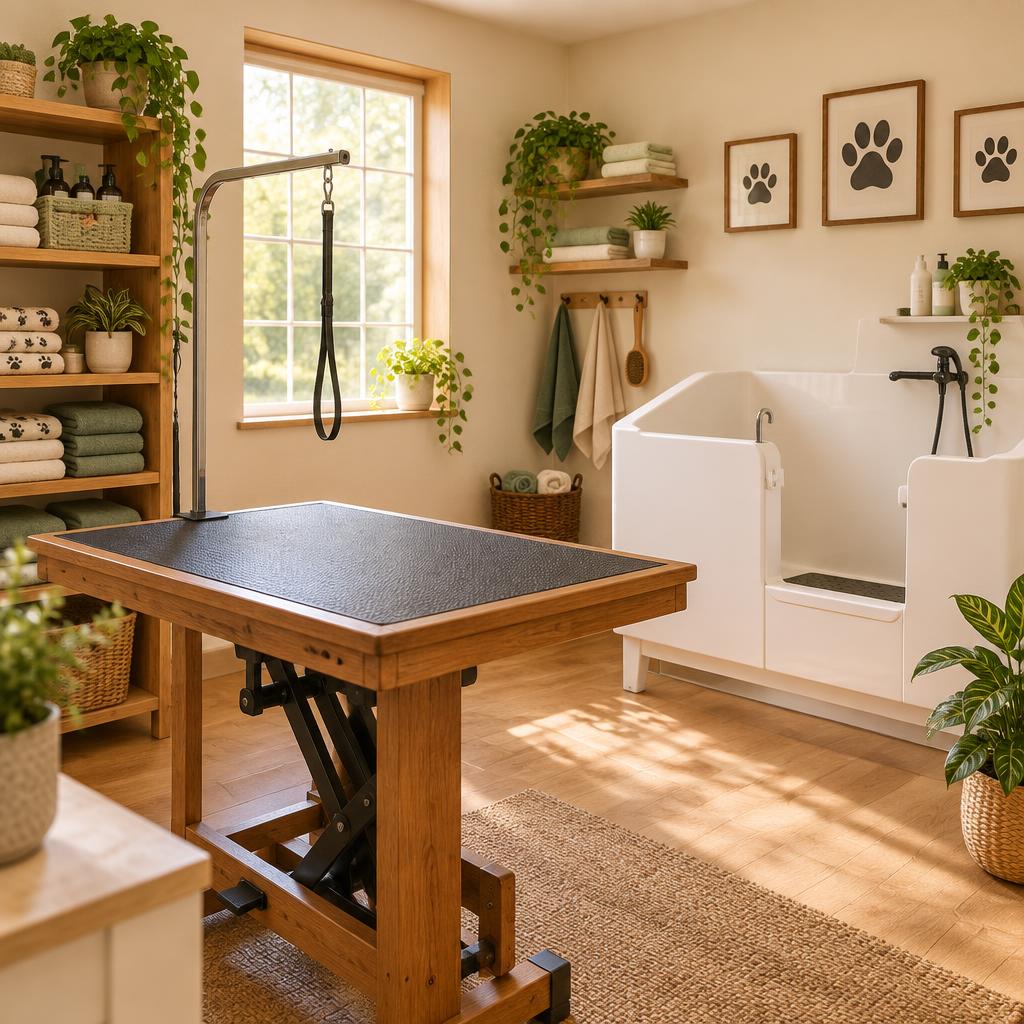 Inside the Paws & Co. grooming studio, with a wooden grooming table, bathing tub and towels